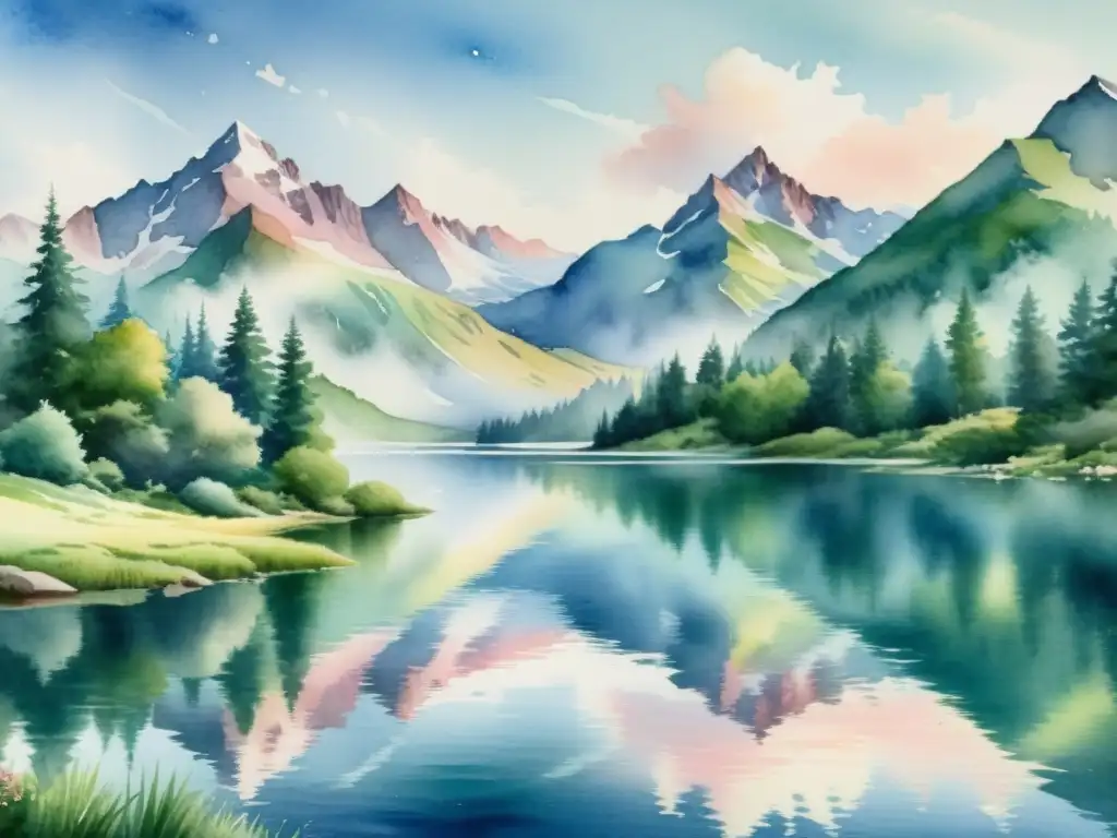 Paisaje montañoso sereno en acuarela Un paisaje montañoso sereno y poderoso con un lago tranquilo reflejando picos, ideal para retiros espirituales para introspección personal