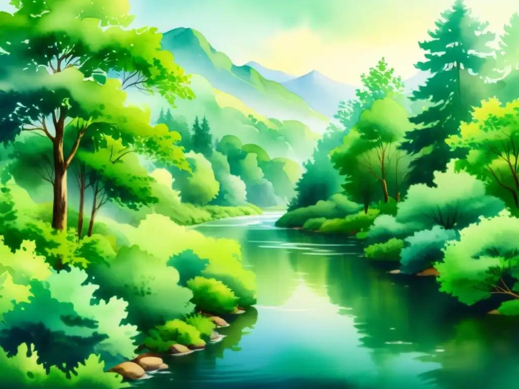 Acuarela 8k de paisaje sereno con río y árboles verdes Un paisaje natural sereno con un río fluyente, árboles verdes y una atmósfera tranquila en una ilustración acuarela ultradetallada en 8k