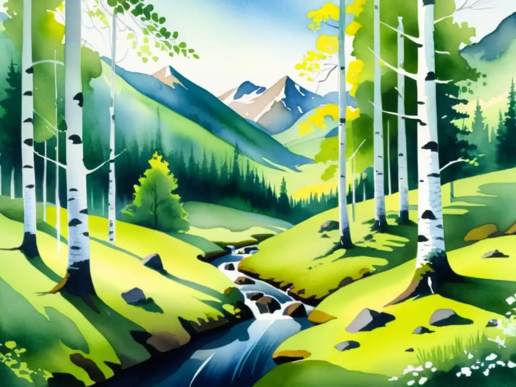 Bosque nórdico: serenidad y belleza natural Un paisaje nórdico sereno de árboles altos y delgados entre musgo verde vibrante, con montañas nevadas al fondo