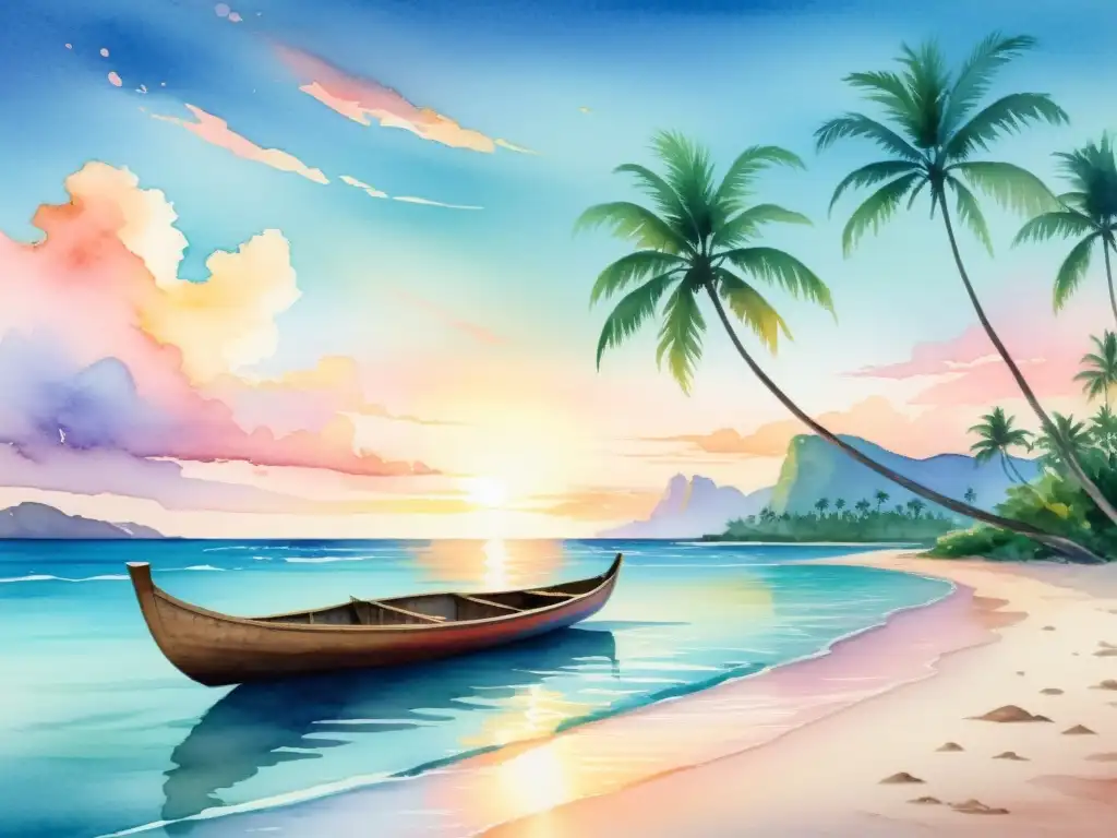 Serena playa polinesia al atardecer Un paisaje polinesio sereno en acuarela con una playa tranquila al atardecer, palmeras meciéndose suavemente y un bote tradicional en el horizonte