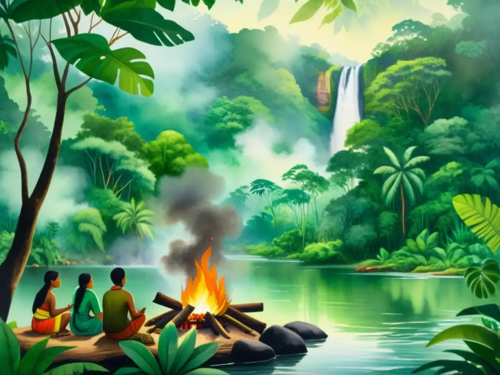 Cuadro acuarela: selva exuberante y cantos indígenas Paisaje de selva exuberante con río y personas indígenas cantando, evocando el poder de los cantos indígenas