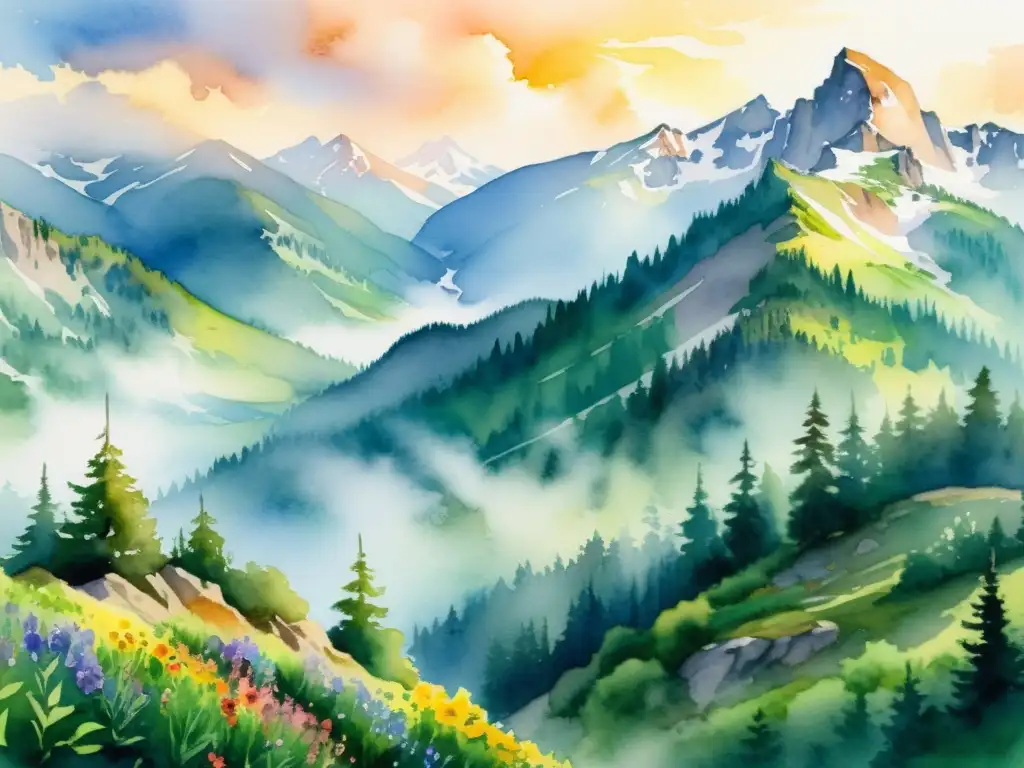 Acuarela 8k de montaña serena con águila majestuosa Un paisaje de montaña serena con árboles verdes, flores silvestres y un águila majestuosa