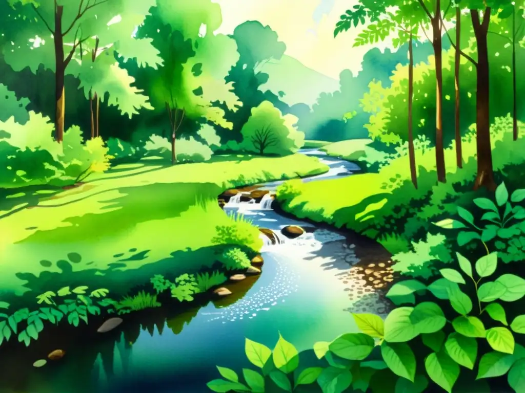 Un paisaje sereno en acuarela de un exuberante bosque verde con luz solar filtrándose entre las hojas, creando sombras moteadas en el suelo