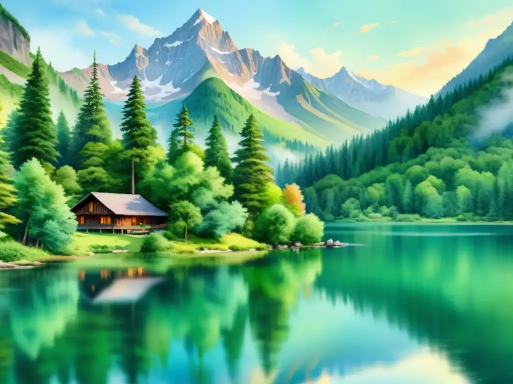 Acuarela 8k de refugio montañoso sereno en la naturaleza Un paisaje de montaña sereno y aislado en acuarela de 8k, reflejando paz y tranquilidad