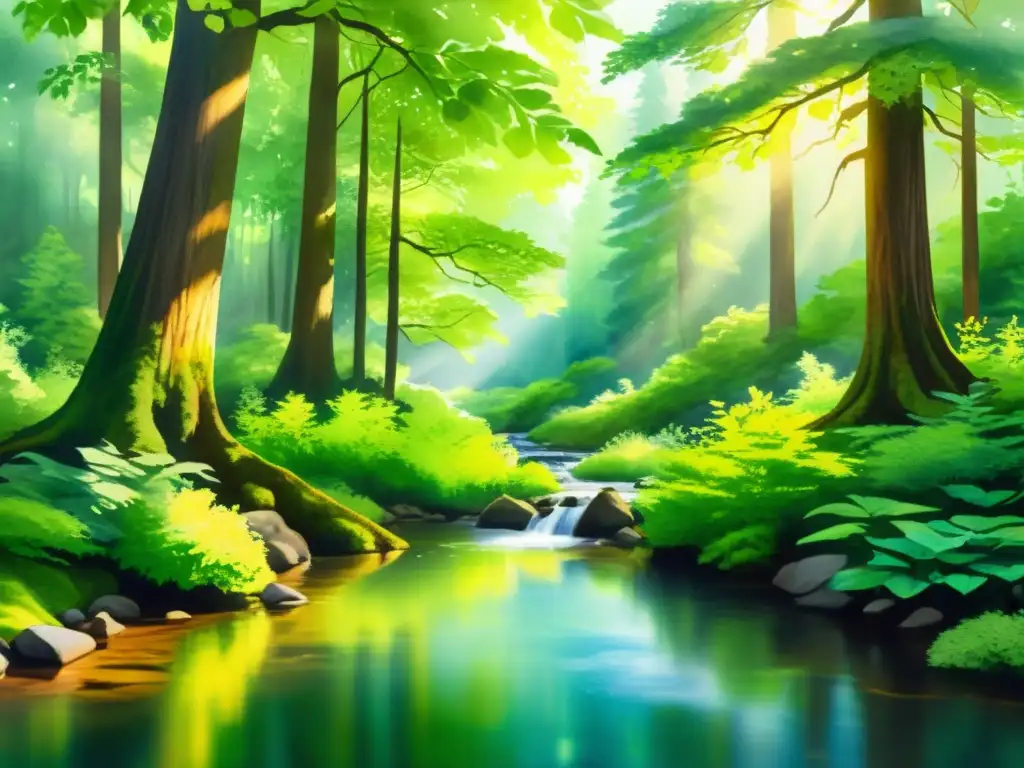 Acuarela 8k: Bosque sereno, agua cristalina Un paisaje sereno de un bosque en acuarela, con luz dorada filtrándose entre las hojas verdes y un arroyo cristalino