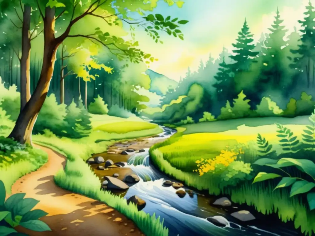 Pintura acuarela 8K: Bosque sereno y exuberante Un paisaje sereno de un bosque exuberante en acuarela detallada en 8k