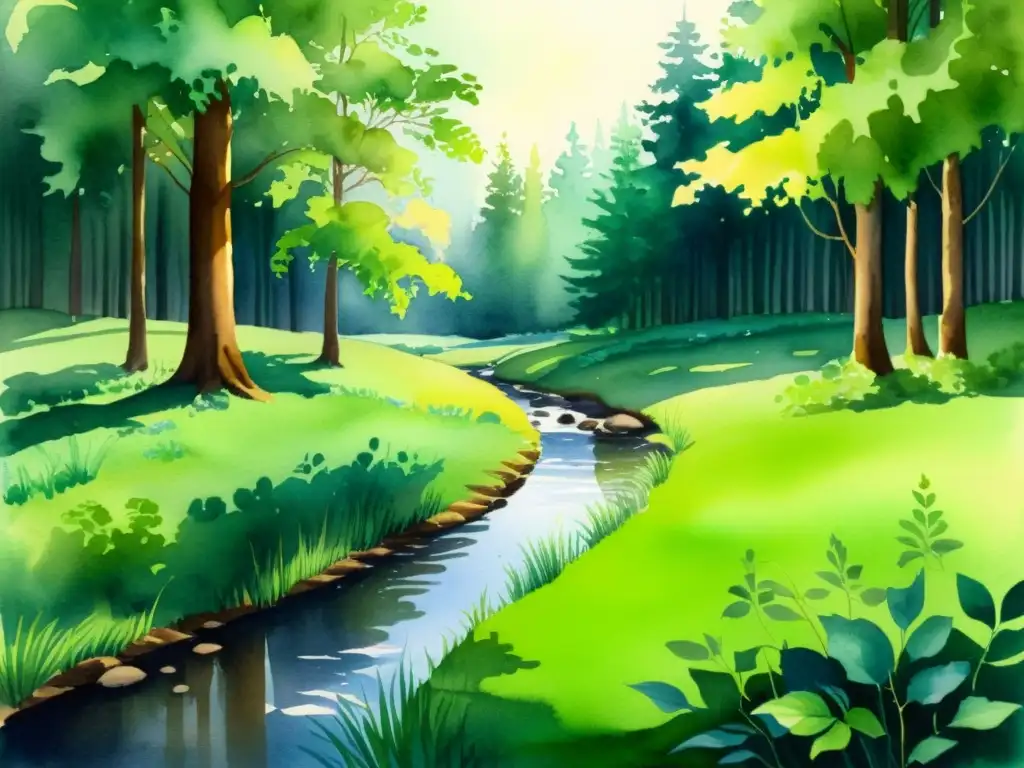 Paisaje sereno: bosque en acuarela Un paisaje sereno de un bosque pintado en acuarela, con luz solar filtrándose entre los árboles y creando sombras moteadas en el suelo