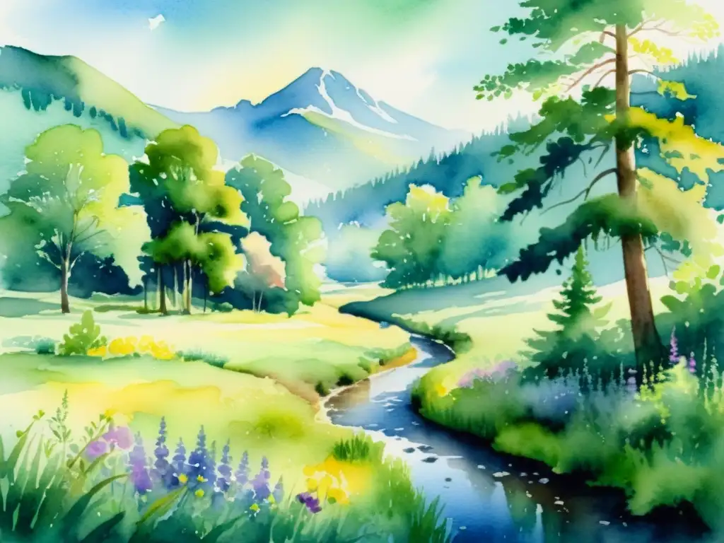 Bosque sereno: acuarela de luz y naturaleza Un paisaje sereno de un claro de bosque en acuarela, con luz suave filtrándose a través del dosel y proyectando sombras moteadas en el suelo