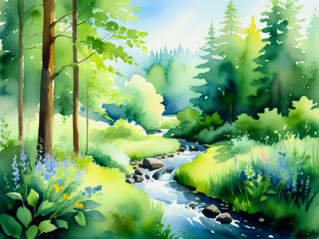 Bosque sereno: acuarela de belleza natural Un paisaje sereno de un claro en el bosque con luz solar filtrándose entre las hojas, reflejándose en un arroyo