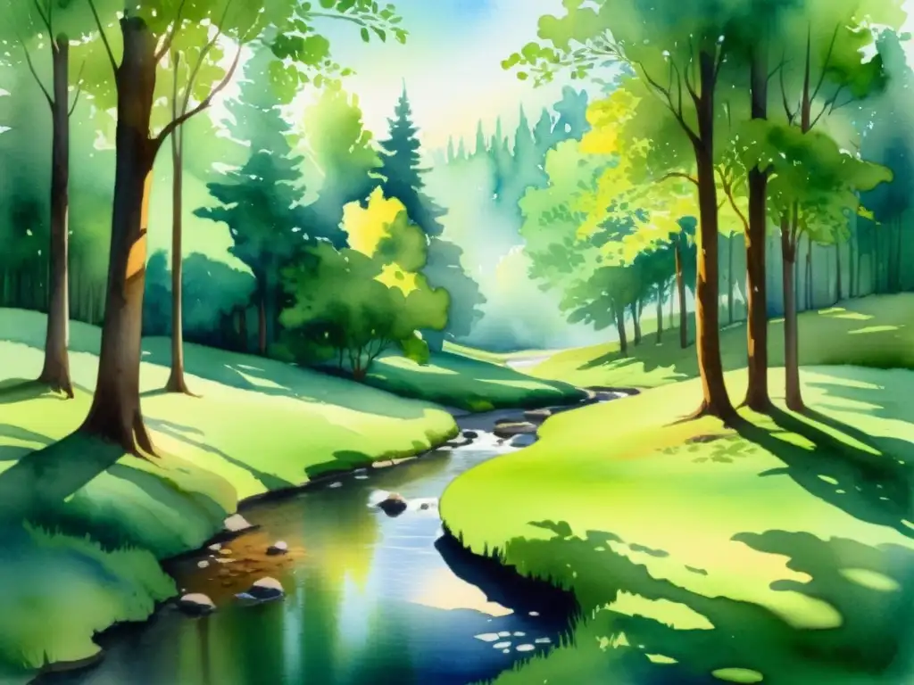 Un paisaje sereno de un claro en el bosque, con luz solar filtrándose a través del dosel de árboles, creando sombras moteadas en el suelo