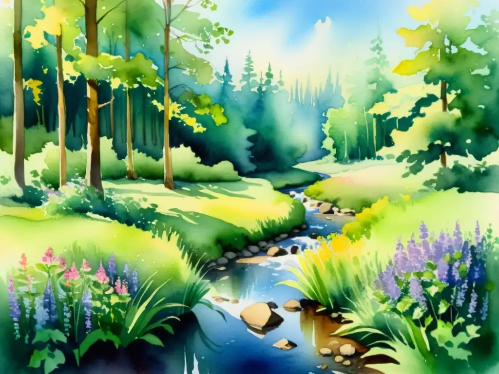 Un paisaje sereno de un claro en el bosque con luz filtrándose a través de los árboles