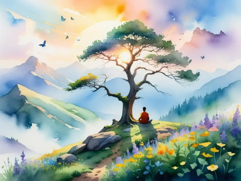 Armonía en la montaña: Meditación con mariposas y flores Un paisaje de montaña sereno con una figura meditando bajo un árbol antiguo, rodeado de flores silvestres y mariposas