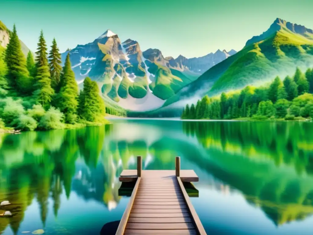 Acuarela 8k: Sereno lago de montaña Un paisaje sereno de un lago de montaña rodeado de árboles verdes, con un muelle de madera