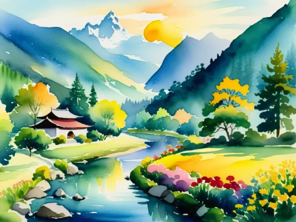 Pintura acuarela de paisaje montañoso sereno Un paisaje sereno de montañas con un monasterio entre picos, río y atardecer