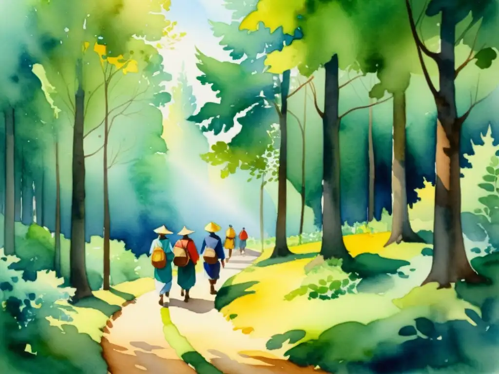 Viaje espiritual: pintura acuarela de peregrinos en el bosque Un paisaje sereno de peregrinos en una ruta mística en el bosque