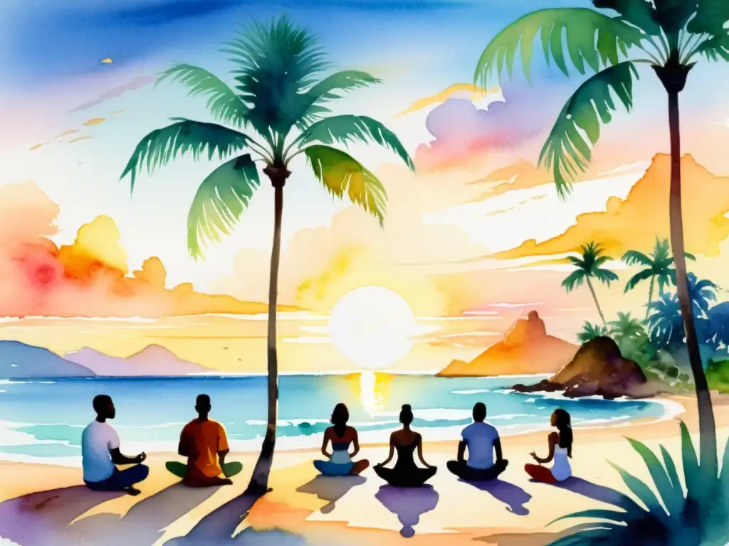 Retiro espiritual en Polinesia al atardecer Un paisaje sereno de un retiro espiritual en Polinesia, con gente practicando yoga y meditación en una isla tropical exuberante al atardecer