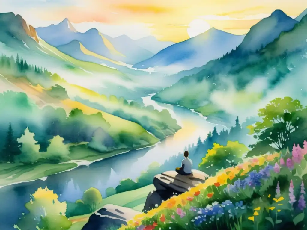 Montaña serena: meditación entre naturaleza Un paisaje de montaña sereno con un río serpenteante y una figura meditando rodeada de naturaleza exuberante
