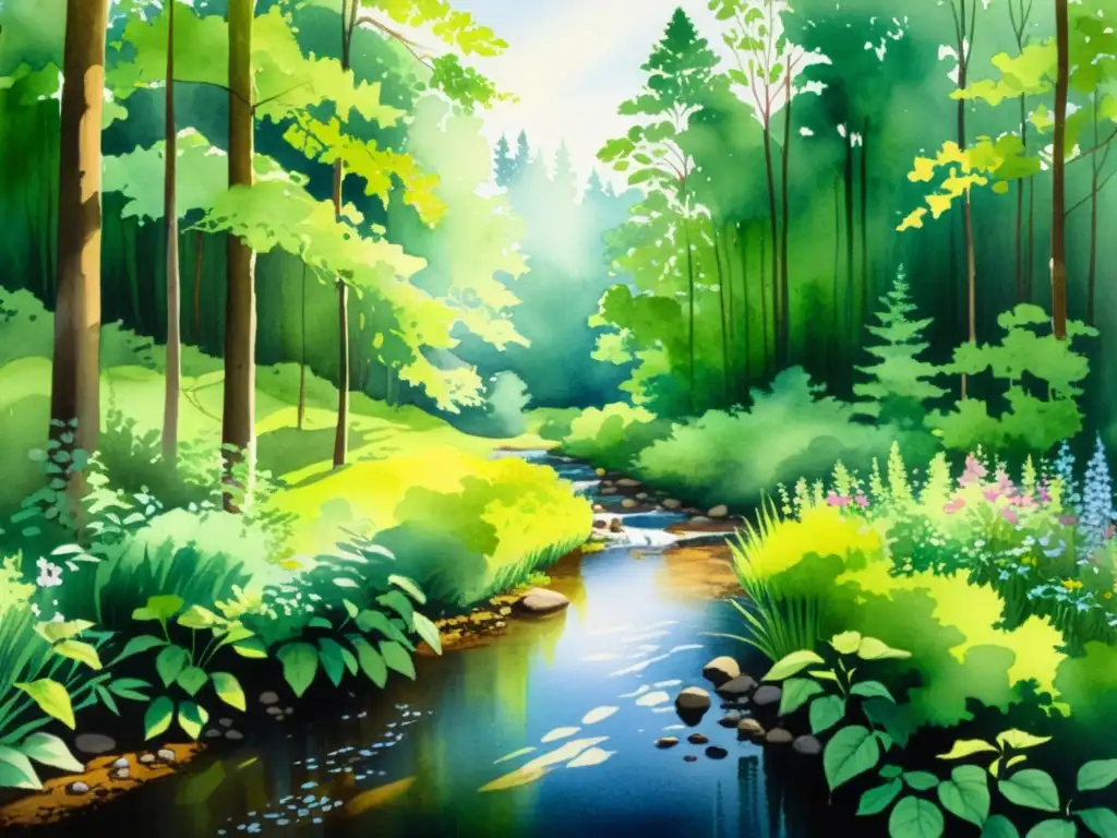 Bosque sereno: acuarela de la naturaleza exuberante y apacible Un paisaje sereno y vibrante de un bosque en acuarela, con luz solar filtrándose entre la frondosidad