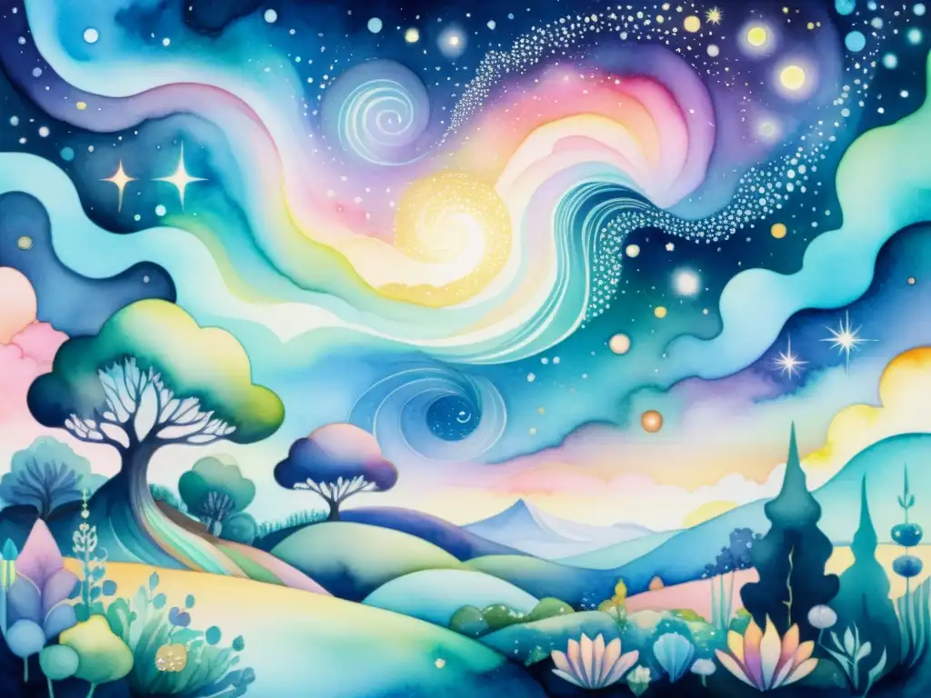 Cuadro acuarela surrealista con paisaje etéreo y colores iridiscentes Un paisaje surrealista y etéreo en acuarela, con colores iridiscentes y un jardín tranquilo de patrones fractales