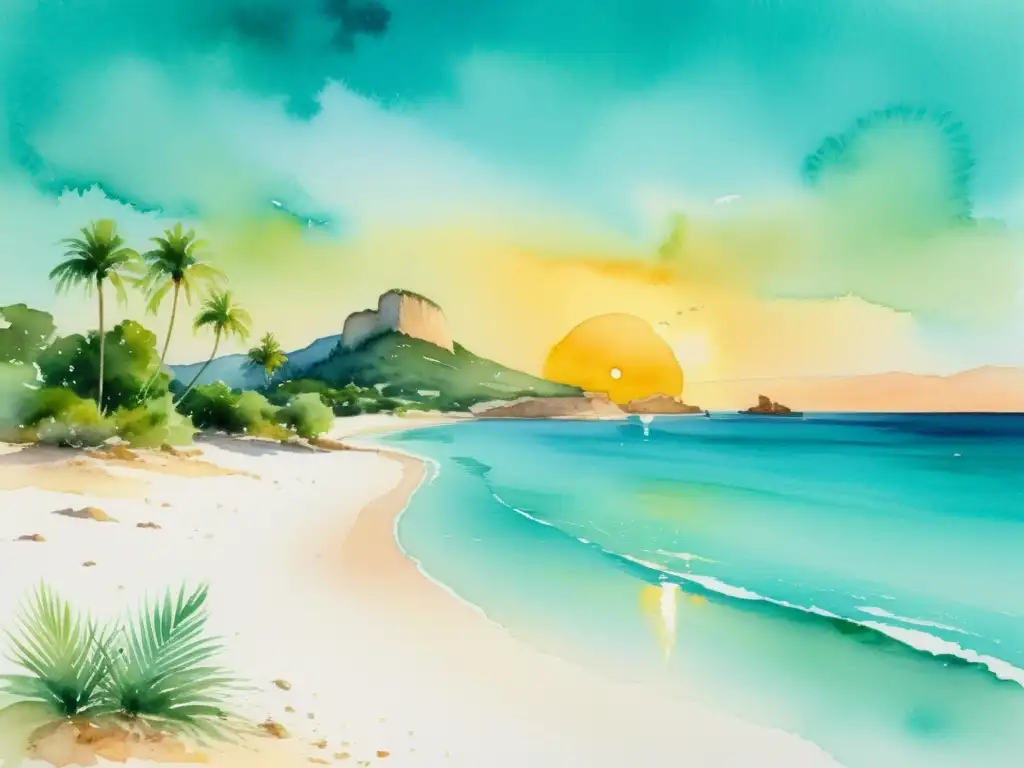Playa serena de Ibiza: atardecer en soledad Un paisaje tranquilo de Ibiza con aguas turquesas y palmeras, transmitiendo paz