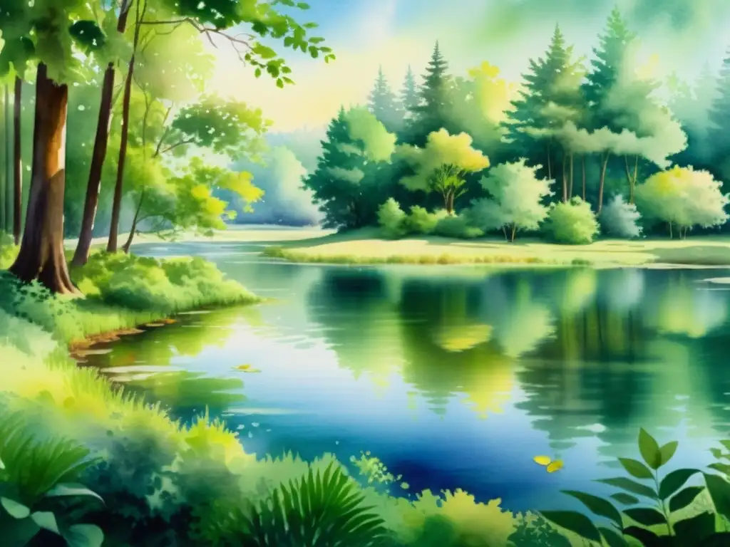Acuarela serena: bosque tranquilo y estanque en calma Un paisaje tranquilo de un claro bosque en acuarela, con luz solar filtrándose entre los árboles y reflejándose en un apacible estanque