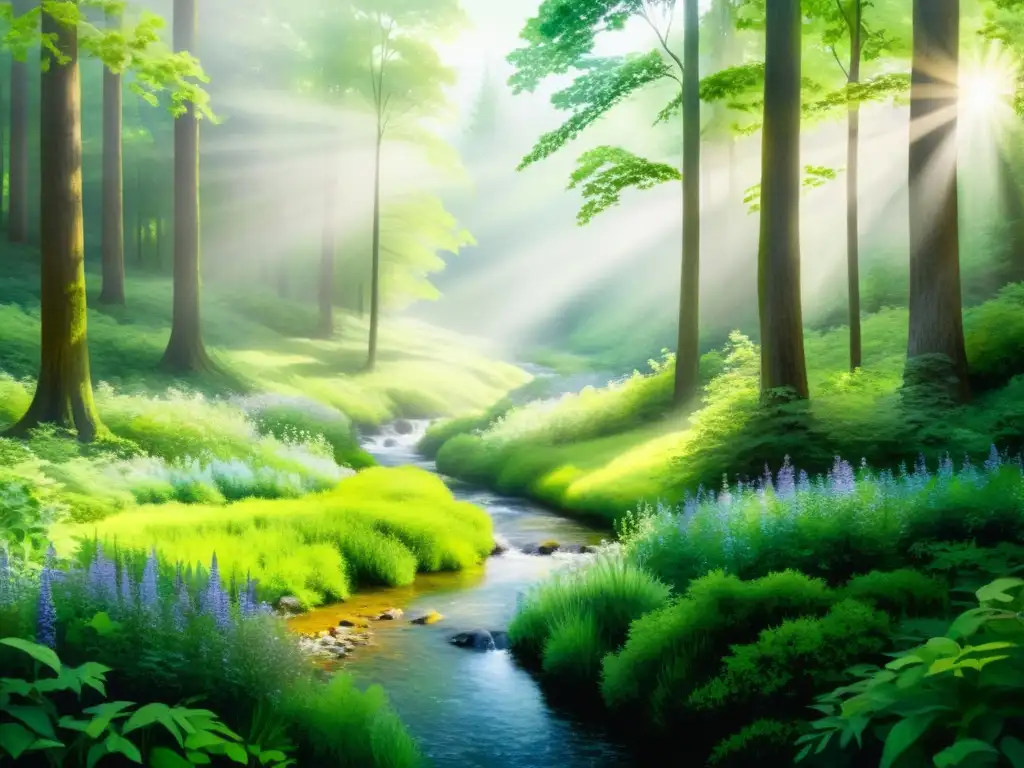 Bosque sereno: acuarela vibrante y tranquila Un paraíso natural de tranquilidad, con exuberante vegetación, un arroyo sereno y luz suave, ideal para retiros espirituales arte meditación
