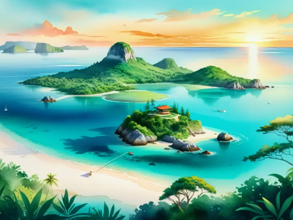 Isla remota: ilustración en acuarela 8k con atardecer vibrante Un paraíso remoto con aguas turquesas, vegetación exuberante y un atardecer cálido