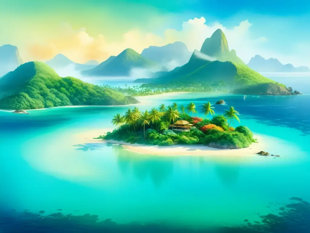 Paraíso tropical: pintura acuarela de isla remota Un paraíso remoto lleno de palmeras, flores exóticas y aguas turquesas, ideal para retiros de meditación en islas salvajes