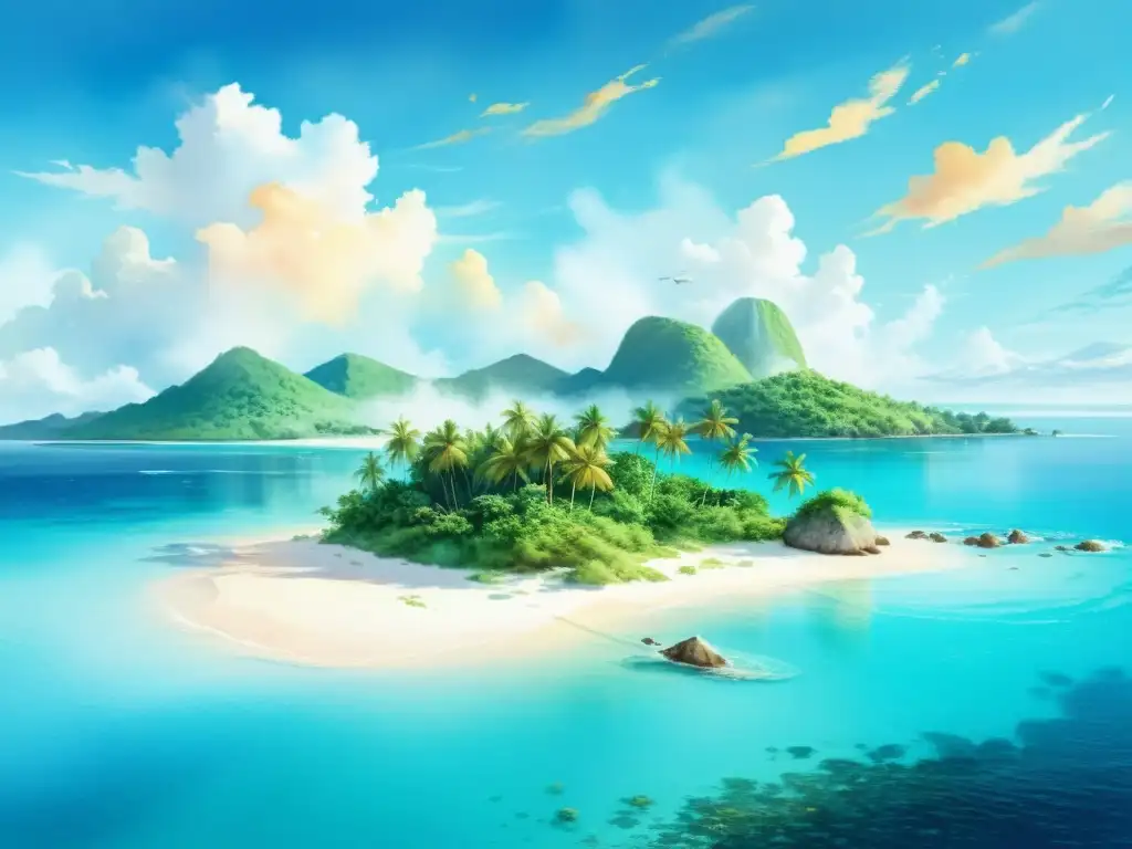 Isla tropical serena: acuarela de belleza natural Un paraíso tropical con aguas turquesa, playas de arena y montañas misteriosas