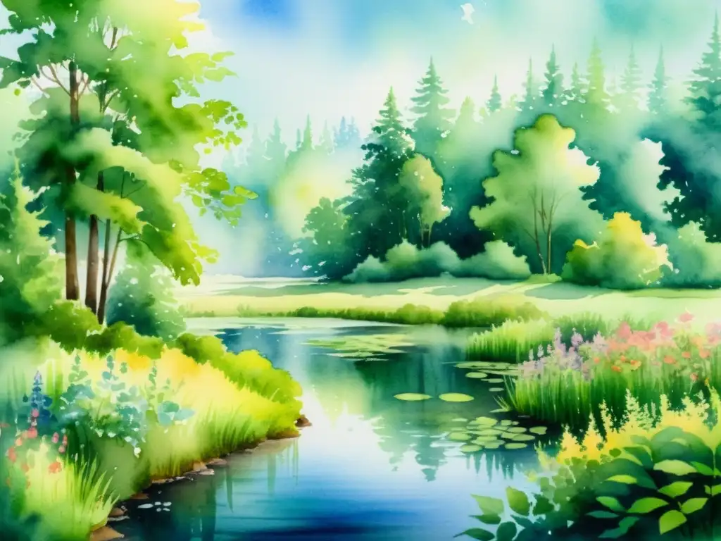 Retiro espiritual: pintura acuarela de un bosque sereno Un rincón de paz en el bosque con un estanque cristalino y flores silvestres