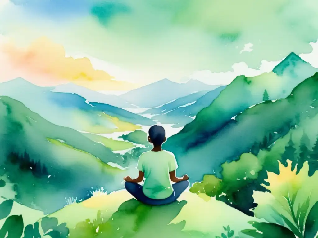 Meditación en la cima: serenidad y armonía en la naturaleza Persona en meditación en la cima de una montaña, rodeada de naturaleza exuberante, transmitiendo paz y preparación mental para retiro espiritual