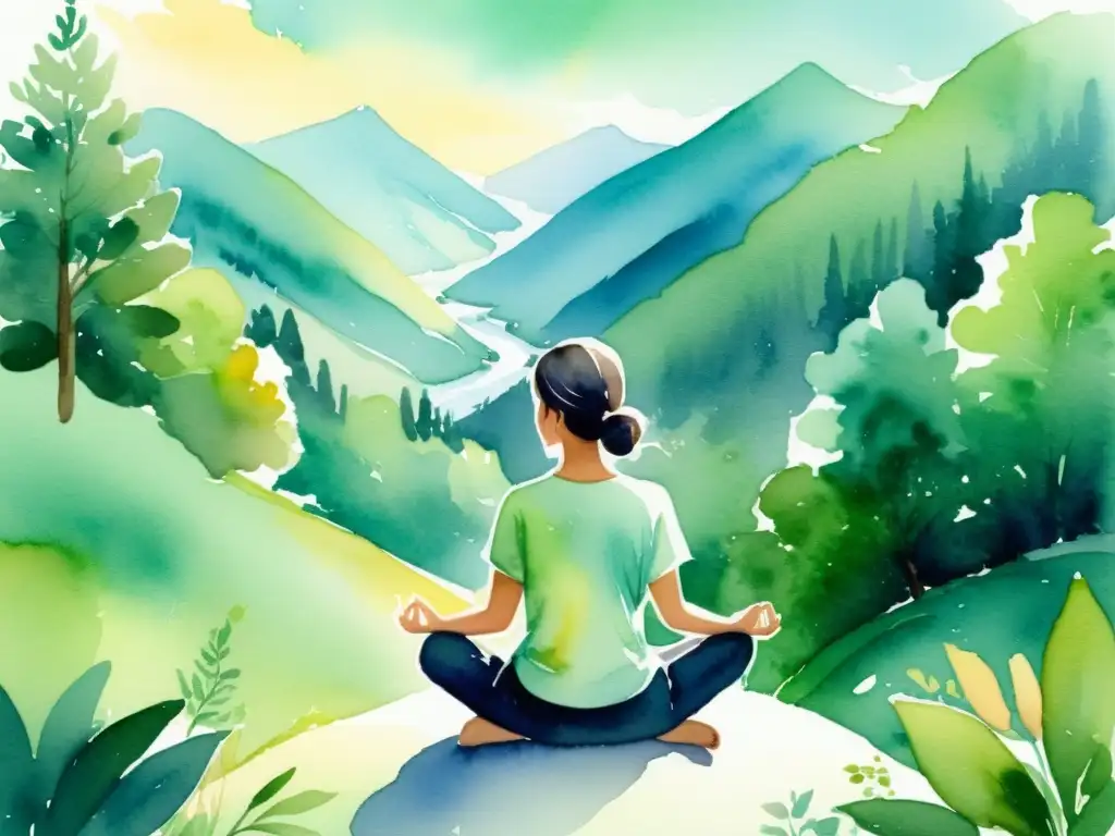 Meditación en la cima: Serenidad entre montañas y armonía natural Persona meditando en la cima de la montaña, rodeada de naturaleza exuberante y arroyos