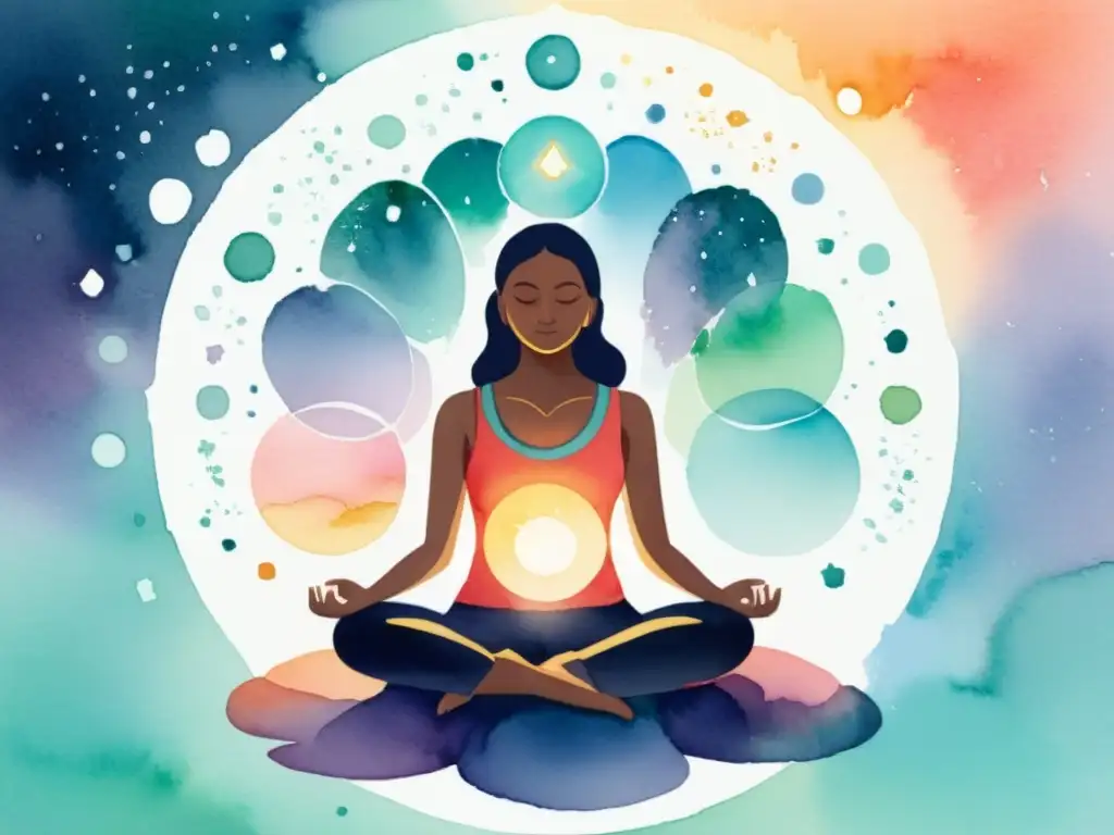Meditación serena: Persona rodeada de cristales vibrantes Persona meditando entre cristales brillantes, generando paz y equilibrio