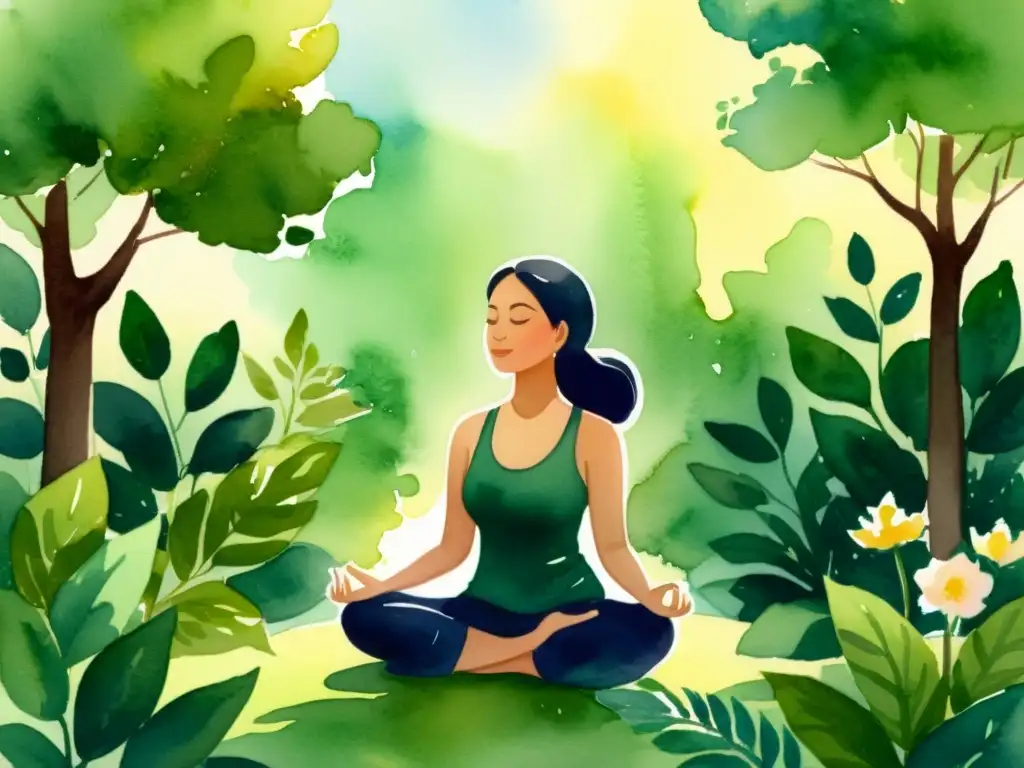 Meditación en la naturaleza: serenidad y armonía En esta ilustración acuarela, una persona medita en un entorno natural sereno, con una atmósfera de paz y transformación espiritual