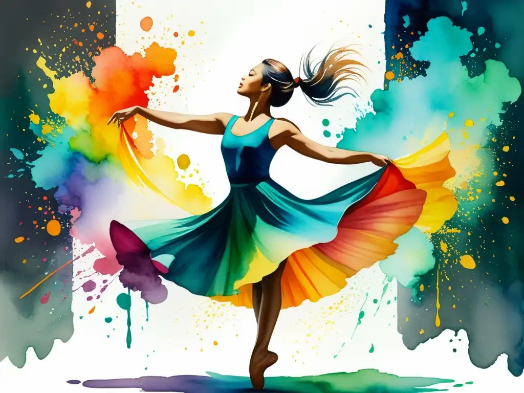 Danza liberadora en acuarela: expresión emocional Una persona baila con gracia, ojos cerrados, rodeada de vibrantes colores