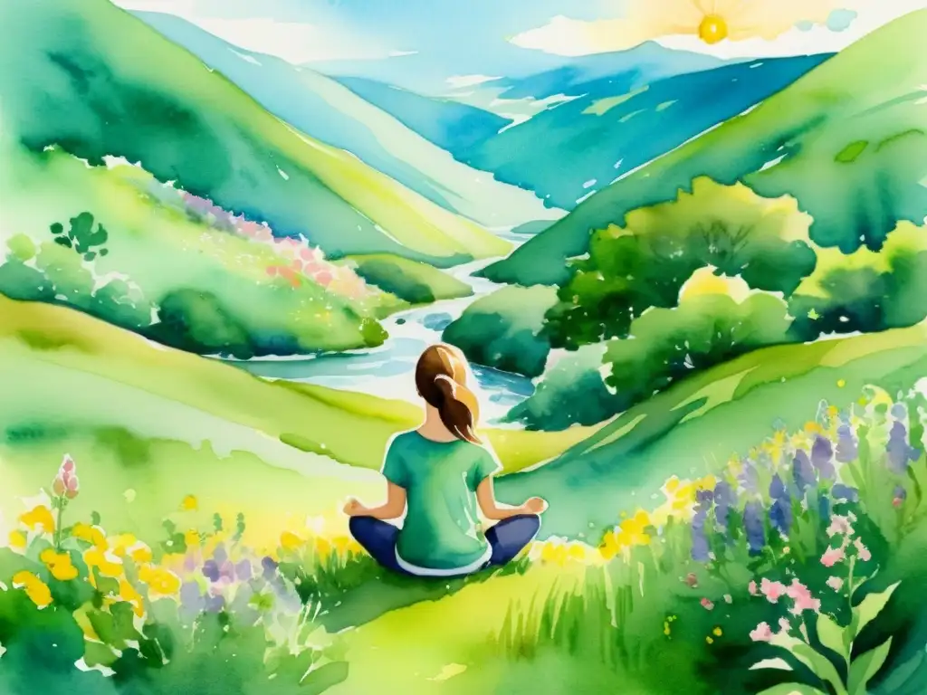 Meditación en la naturaleza: serenidad entre flores silvestres y arroyo Persona practicando mindfulness en la naturaleza, rodeada de flores silvestres y un arroyo sereno