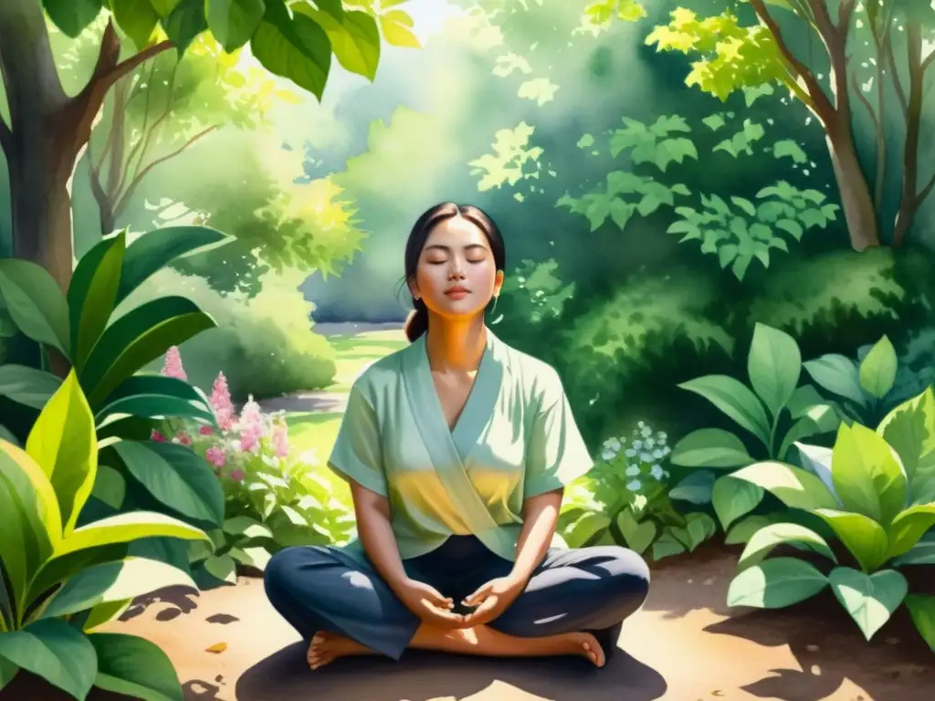 Persona en meditación entre naturaleza exuberante y flores, invitando a la serenidad y desconexión