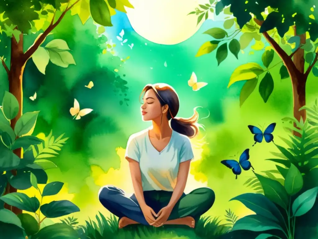 Retiro espiritual en la naturaleza: meditación entre mariposas y aves Persona en meditación entre naturaleza exuberante, con mariposas y aves