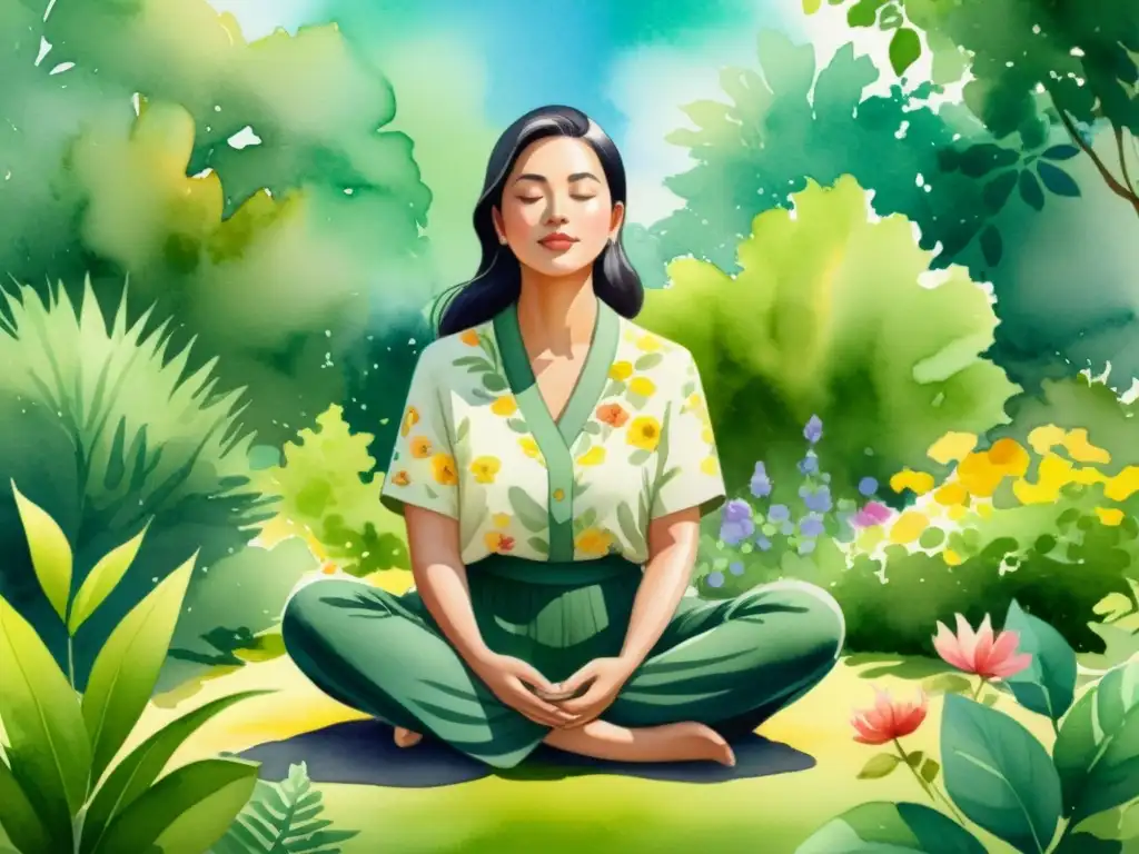 Persona meditando en la naturaleza, rodeada de vegetación exuberante y flores coloridas, transmitiendo calma y tranquilidad
