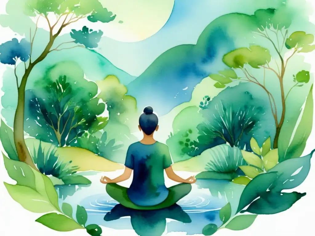 Meditación en la naturaleza: conexión espiritual Persona meditando en un paisaje acuarela, rodeada de naturaleza, con colores calmantes