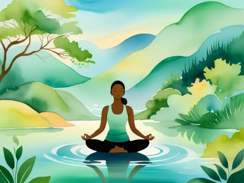 Persona en postura de yoga nidra, rodeada de colores pastel y ondas suaves