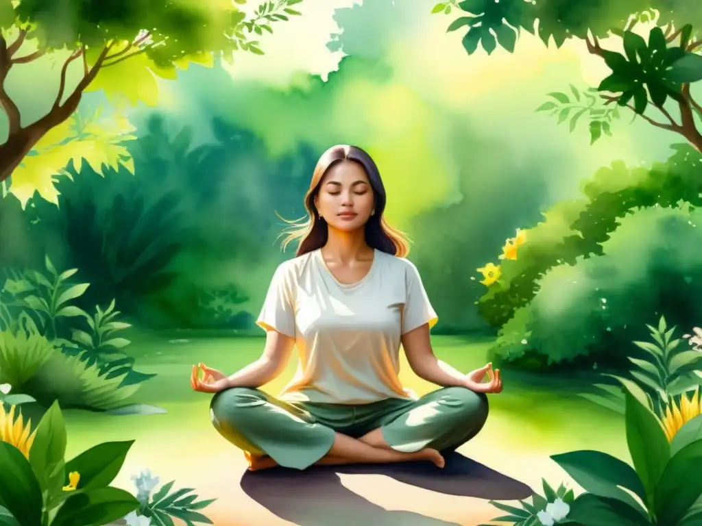Meditación serena entre la naturaleza: conexión espiritual Persona en meditación rodeada de naturaleza exuberante, evocando retiros espirituales introspección renovación personal