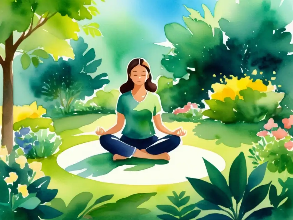 Meditación calmante en jardín: alivio del dolor Persona medita en jardín tranquilo rodeado de flores y vegetación, técnica para aliviar dolor crónico
