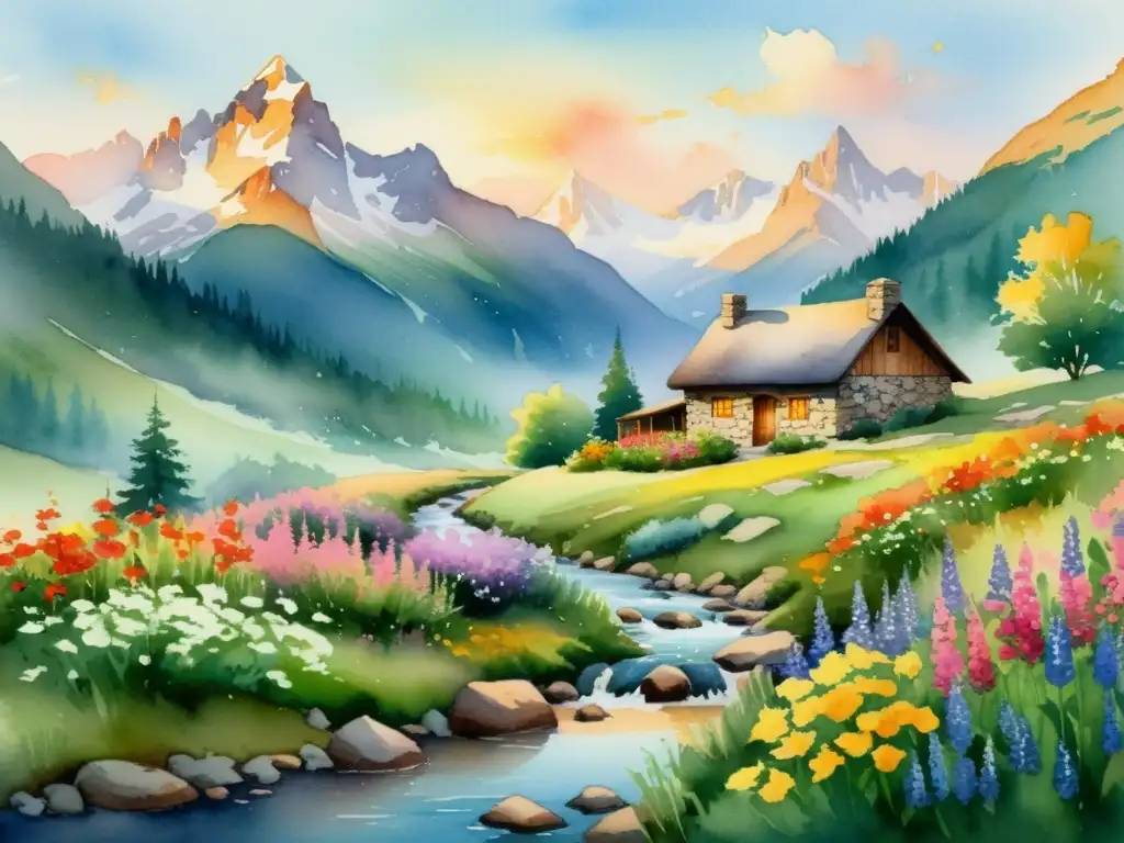 Retiro espiritual en las montañas: paisaje sereno Una pintoresca escena de montaña con cabaña entre flores silvestres