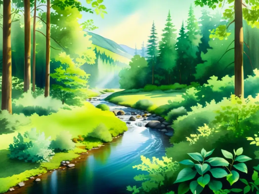 Bosque sereno: pintura acuarela de paz y naturaleza Una pintura en acuarela de un apacible claro en el bosque, con exuberante vegetación, un arroyo cristalino y luz solar filtrándose entre los árboles