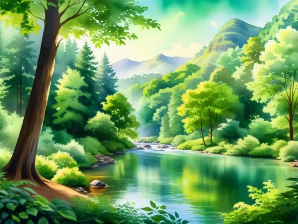 Cuadro acuarela: bosque tranquilo y sereno Una pintura en acuarela de un apacible escenario forestal con árboles verdes exuberantes, un río tranquilo y suave luz solar entre las hojas