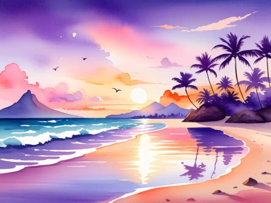 Playa Polinesia: Serenidad y yoga al atardecer Una pintura en acuarela de una apacible playa polinesia al atardecer, con retiros de mindfulness para renovación en la orilla