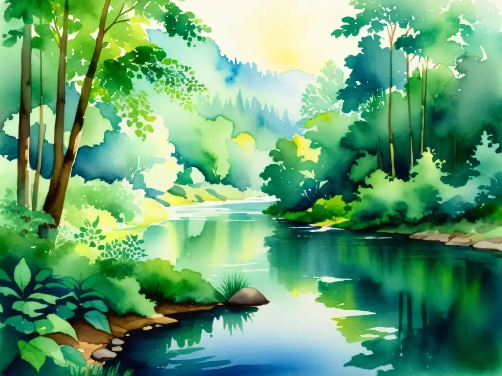 Bosque tranquilo: Meditación junto al río Una pintura acuarela muestra un bosque exuberante con un río tranquilo