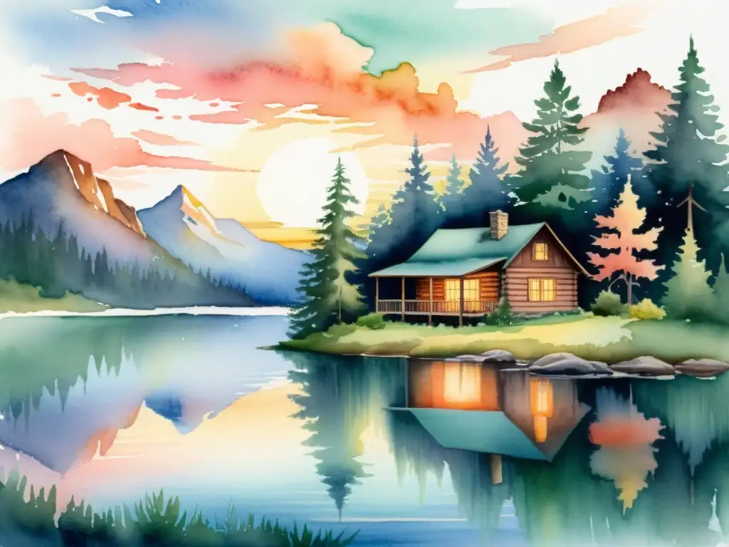 Cuadro acuarela: cabaña en el bosque junto al lago al atardecer Una pintura en acuarela de una cabaña en la naturaleza canadiense, rodeada de pinos y reflejada en un lago tranquilo al atardecer
