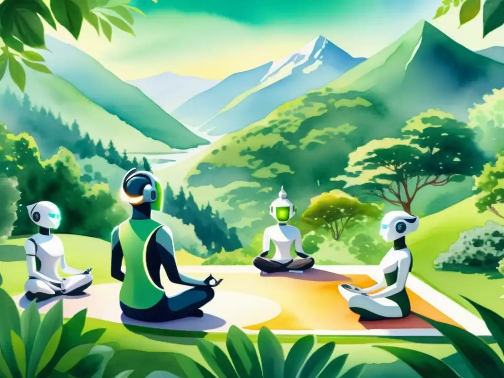 Retiro espiritual futurista: robots guían meditación Una pintura acuarela muestra un centro de retiro futurista en las montañas, con robots guiando prácticas espirituales